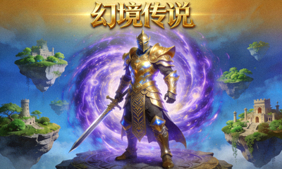 《幻境传说》游戏封面图，一名身披金色战甲的骑士站在魔法漩涡前，背景是漂浮的浮空岛屿