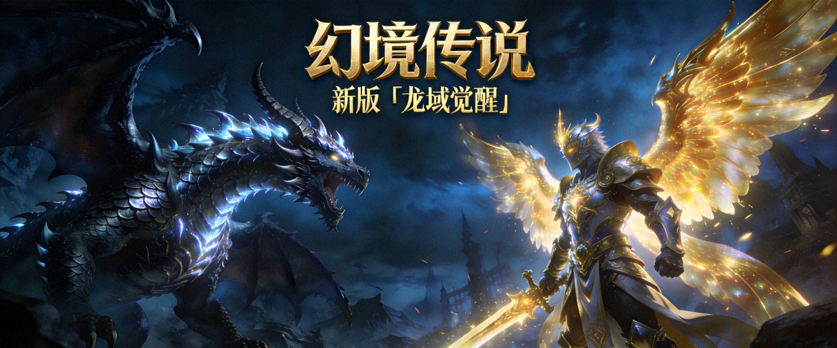 九游平台热门游戏《幻境传说》新版「龙域觉醒」宣传横幅，画面呈现暗黑巨龙与闪耀光翼战士对峙的宏大场景