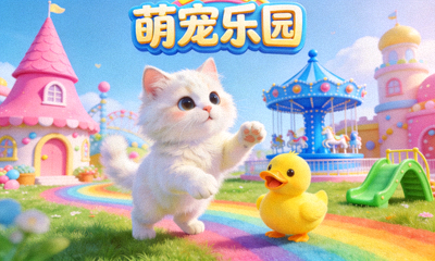 《萌宠乐园》游戏封面图，一只毛茸茸的白色小猫和黄色小鸭在彩虹草坪上玩耍，背景是糖果色的乐园建筑