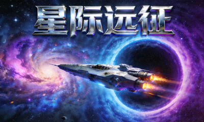 《星际远征》游戏封面图，一艘星际战舰穿越巨大的虫洞，远处是璀璨的银河系星云